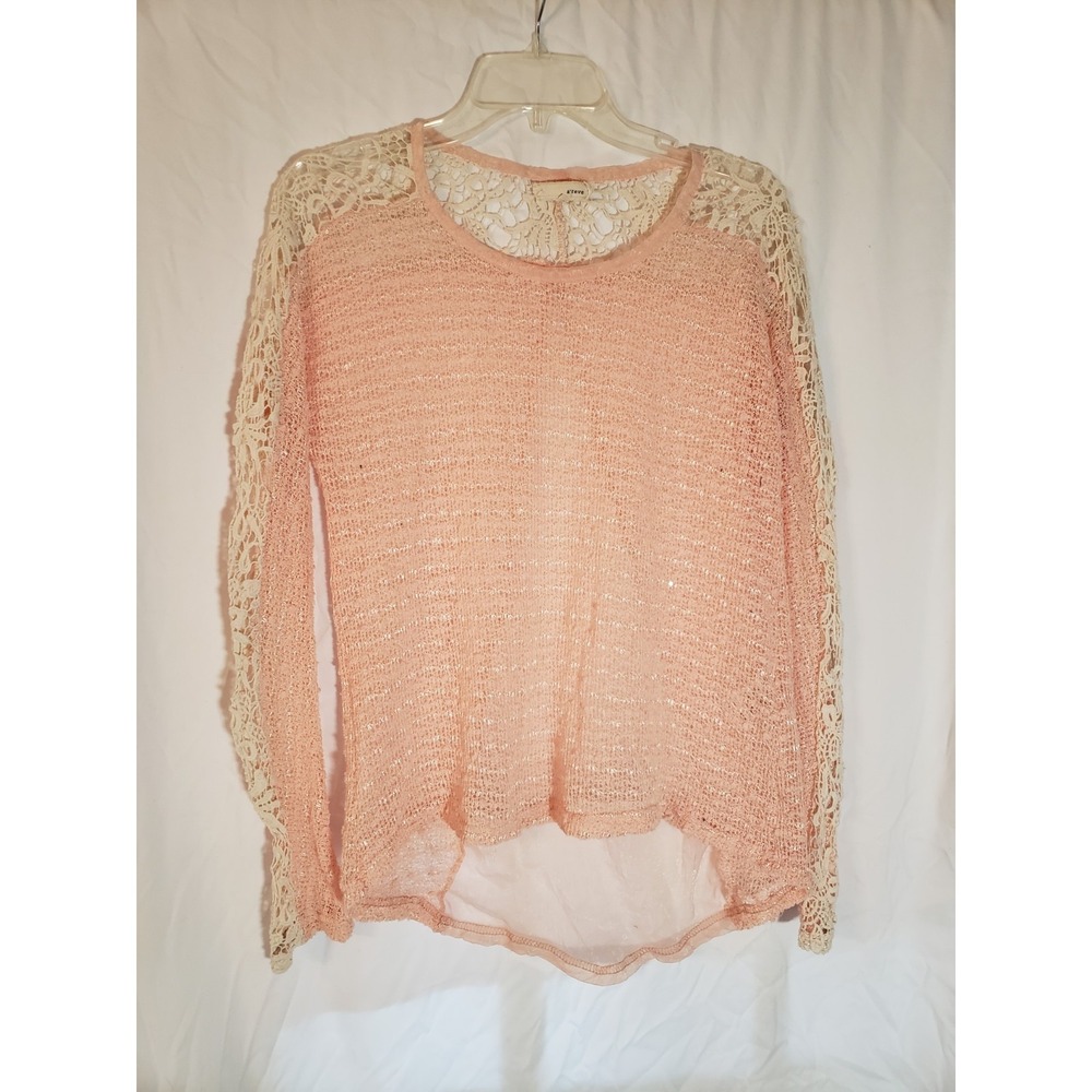 Women's A'reve Pink And White Long Sleeve Crocheted Sweater Size S